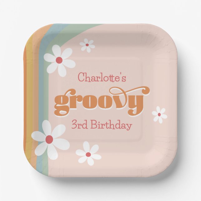 Groovy White Daisies Girl's 3rd Birthday Party Paper Plate (Front)