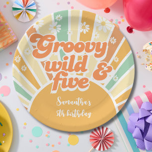 Groovy wild and five retro sun kids birthday paper plate