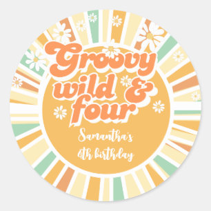 Groovy wild and four retro sun kids birthday classic round sticker