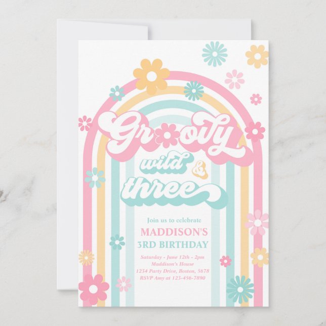 Groovy Wild And Three Boho Daisy Rainbow Birthday Invitation (Front)