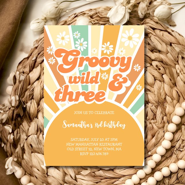 Groovy wild and three retro sun kids birthday invitation (Creator Uploaded)