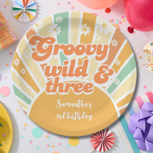 Groovy wild and three retro sun kids birthday paper plate