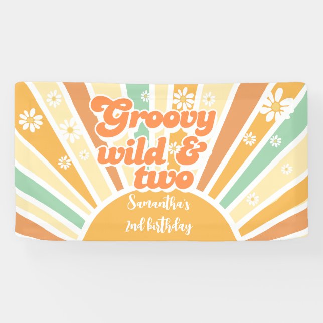 Groovy wild and two retro sun kids birthday banner (Horizontal)