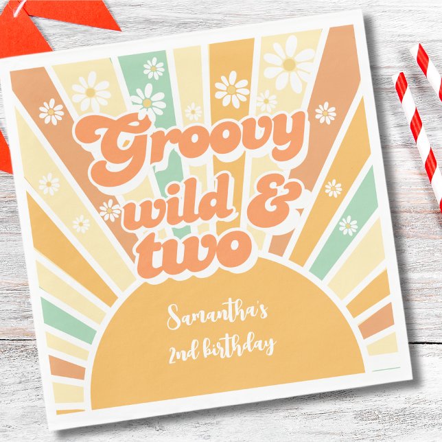 Groovy wild and two retro sun kids birthday napkin (Creator Uploaded)