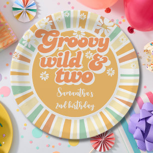 Groovy wild and two retro sun kids birthday paper plate