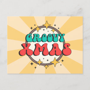 Groovy xmas holidays retroo cartoon text postcard