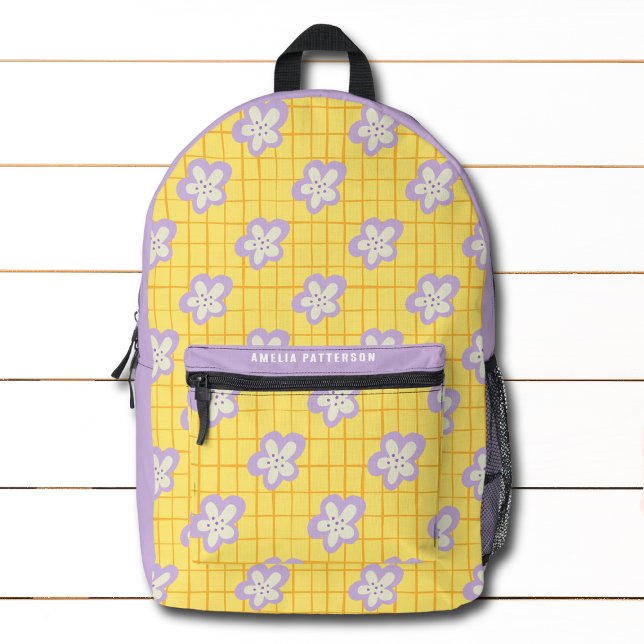 Groovy Yellow Purple Modern Floral Personalised Printed Backpack (Creator Uploaded)