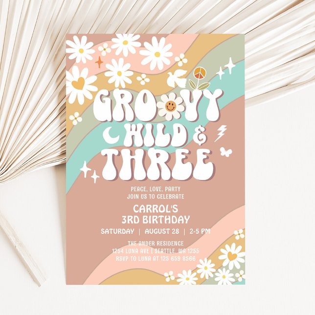 Groovy Young Wild and Three 3rd Birthday Invitation (Creator Uploaded)