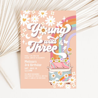 Groovy Young Wild and Three 3rd Birthday Invitation