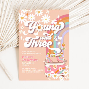 Groovy Young Wild and Three 3rd Birthday Invitation