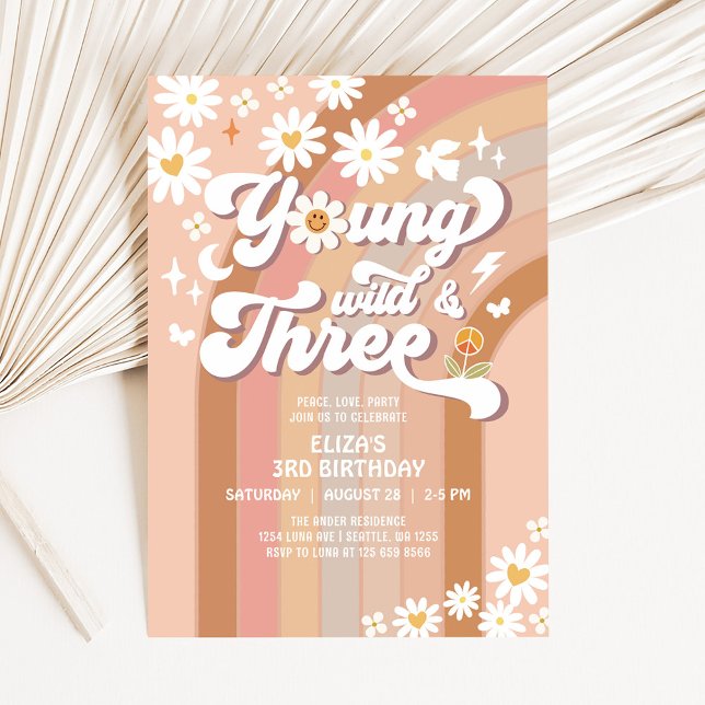 Groovy Young Wild and Three Mauve 3rd Birthday Invitation (Creator Uploaded)