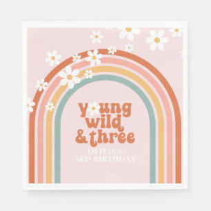 Groovy Young Wild Three daisy rainbow 3rd birthday Napkin