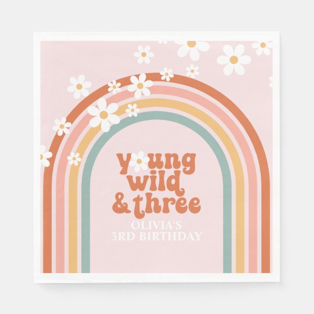 Groovy Young Wild Three daisy rainbow 3rd birthday Napkin (Front)