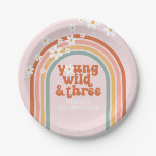 Groovy Young Wild Three daisy rainbow 3rd birthday Paper Plate