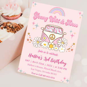 Groovy Young Wild & Three Rainbow 3rd Birthday Invitation