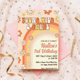 Groovy Young Wild & Three Rainbow 3rd Birthday Invitation