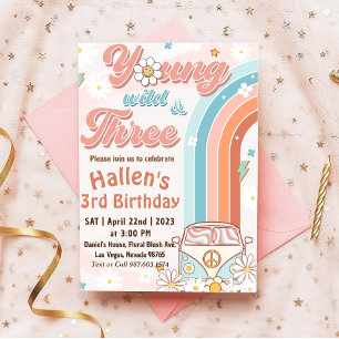 Groovy Young Wild & Three Rainbow 3rd Birthday Invitation