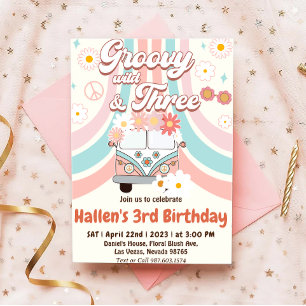 Groovy Young Wild & Three Rainbow 3rd Birthday Invitation