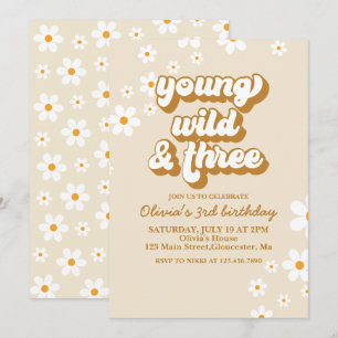 Groovy Young Wild Three Retro Daisy 3rd Birthday Invitation