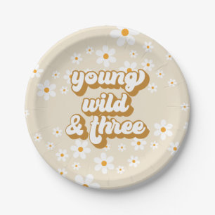 Groovy Young Wild Three Retro Daisy 3rd Birthday Paper Plate