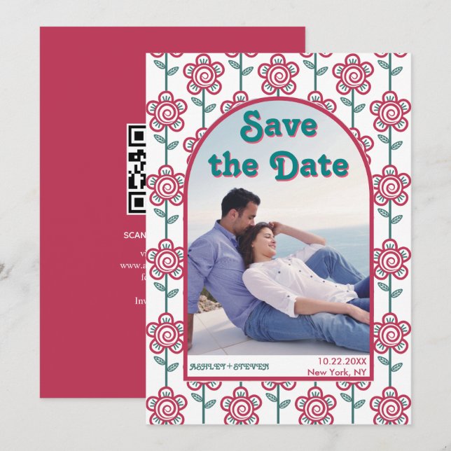 Groovymagenta and teal flowers 70s inspired photo save the date (Front/Back)