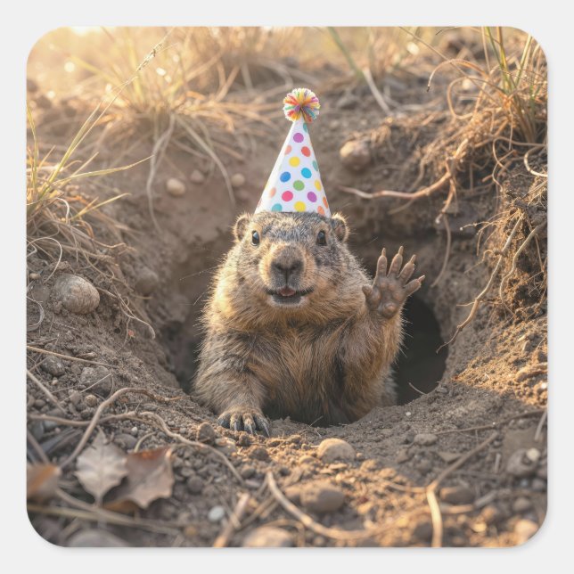 Groundhog Birthday Party Hat Square Sticker (Front)