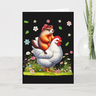 Groundhog Bow Tie Riding Chicken Farmer Lover Kids Card
