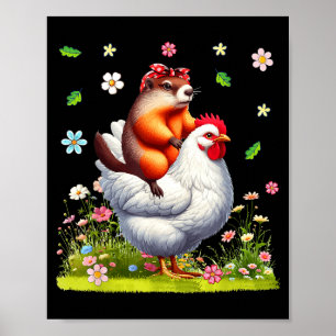 Groundhog Bow Tie Riding Chicken Farmer Lover Kids Poster