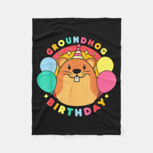 Groundhog Day Birthday Party Hat Balloons Retro 60 Fleece Blanket