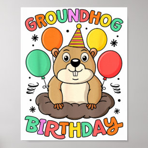 Groundhog Day Birthday Party Hat Balloons Retro 60 Poster