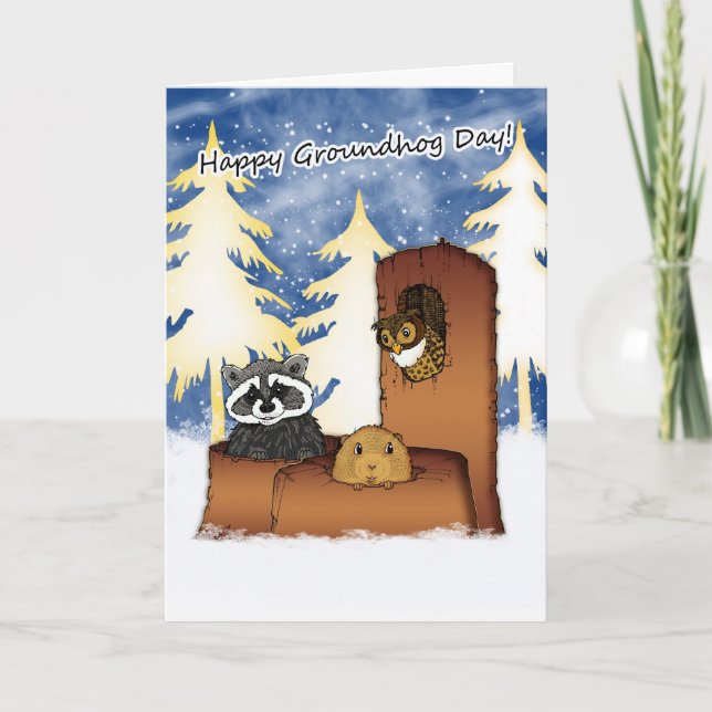 Groundhog Day Card - Groundog, Racoon, Owl (Front)