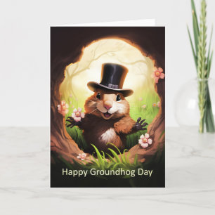 Groundhog Day Greeting Card With Cute Groundhog 