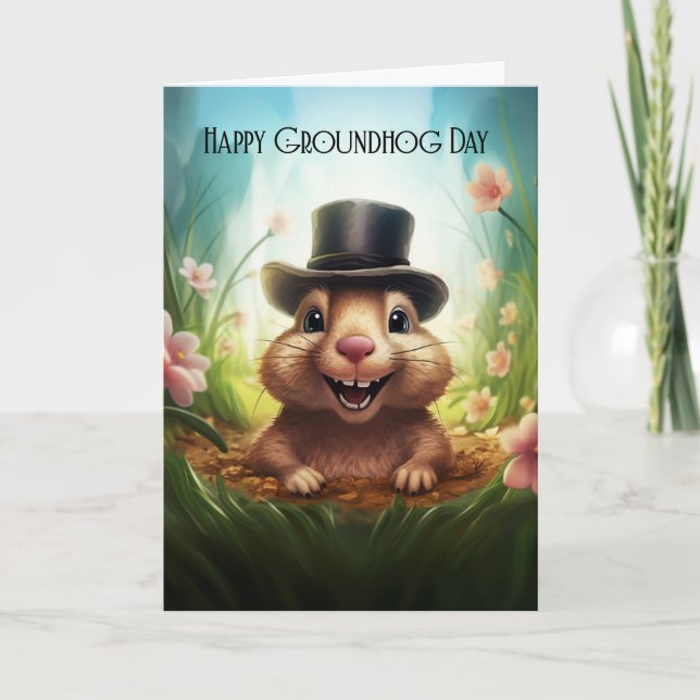Groundhog Day Greeting Card With Cute Groundhog (Front)