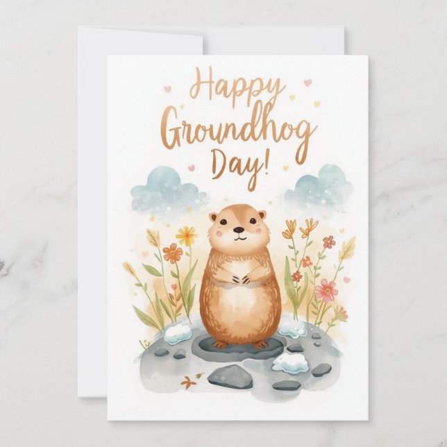 Groundhog day watercolor holiday card (Front)