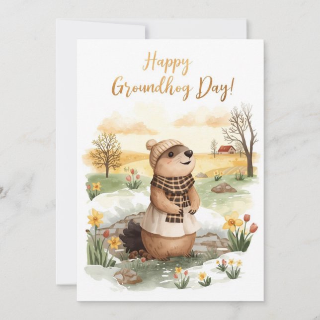 Groundhog day watercolor holiday card (Front)