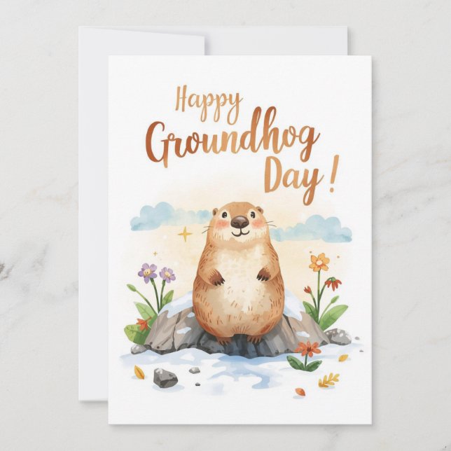 Groundhog day watercolor holiday card (Front)