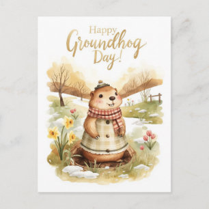 Groundhog day watercolor holiday postcard
