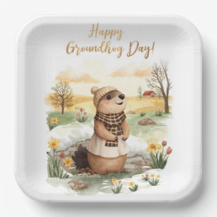 Groundhog day watercolor paper plate