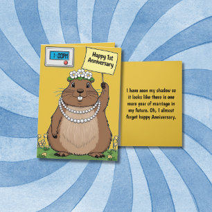 Groundhog holding yellow sign 1st anniversary  card