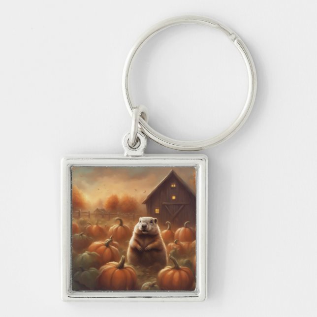 Groundhog in pumpkin field keychain (Front)