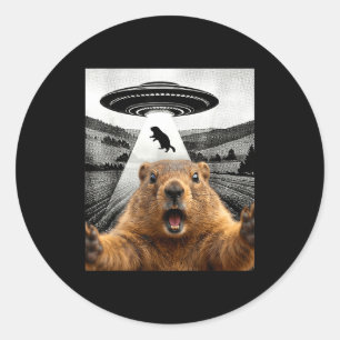 Groundhog Selfie With Alien Ufo Humor Men Women Ki Classic Round Sticker
