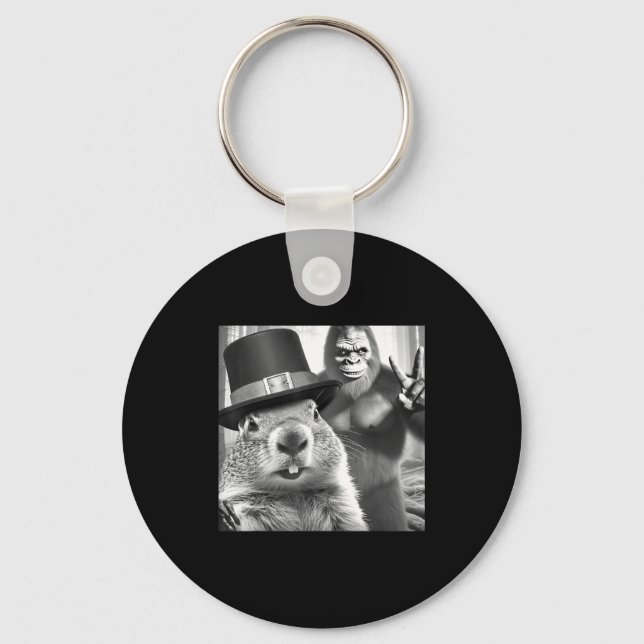 Groundhog Taking Selfie With Bigfoot Funny Groundh Key Ring (Front)