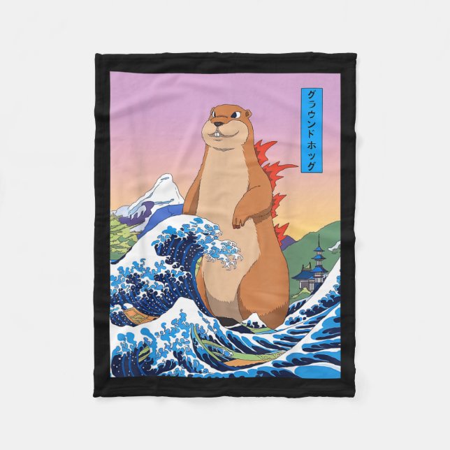 Groundhogzilla Funny Japanese Great Wave Anime Gro Fleece Blanket (Front)