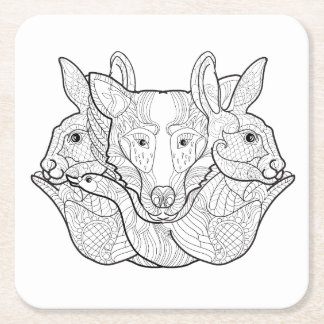 Group Animal Doodle Square Paper Coaster