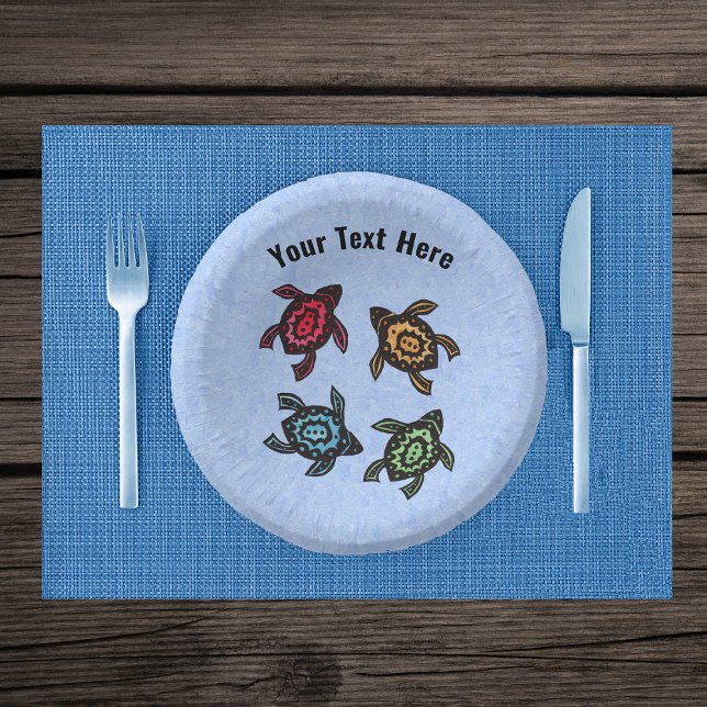  Group Four Turtles Abstract Colourful Shells Blue Paper Plate (Four black turtles with colourful abstract shells on light blue paper party bowls.)