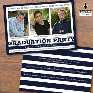 Group Graduation Party 3 Photos Navy Blue Invitation