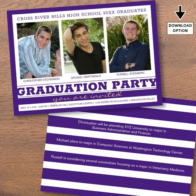 Group Graduation Party 3 Photos Purple Invitation (Creator Uploaded)