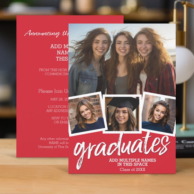 Group Graduation Party - 4 Photos Red Invitation (Group Graduation Invitation with 4 Photos and Party Information)
