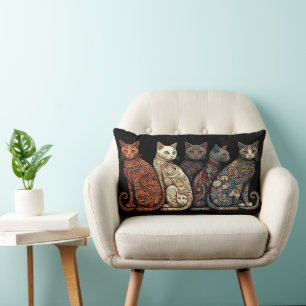 Group of Cats in Victorian Wallpaper Style Lumbar Cushion