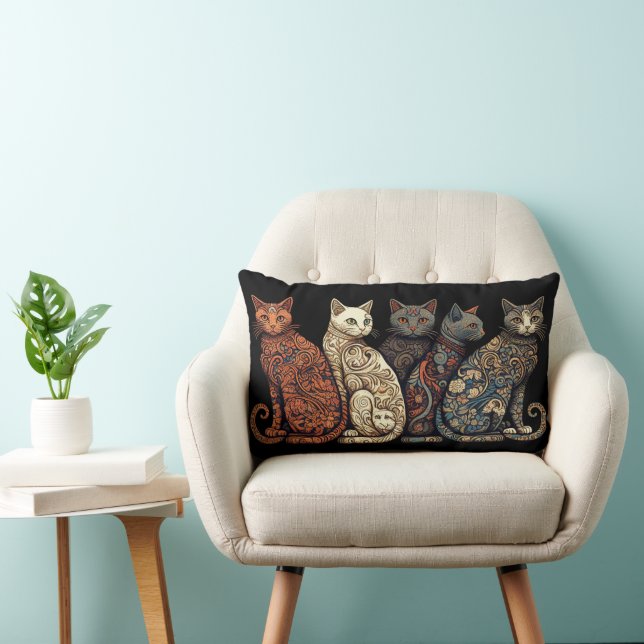 Group of Cats in Victorian Wallpaper Style Lumbar Cushion (Chair)